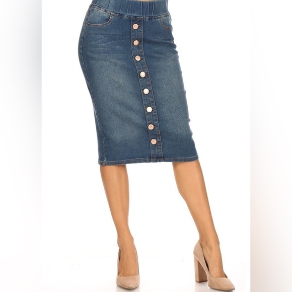 BE-Girl Stretch Midi Denim Skirt with Elastic Waistband Medium Wash Size Small - Picture 1 of 10